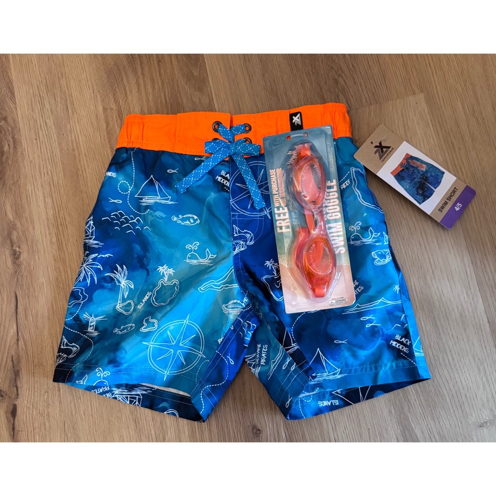 ZeroXposur Boys Blue Nautical Map Swim Shorts and Goggles Set Size 4/5 NWT